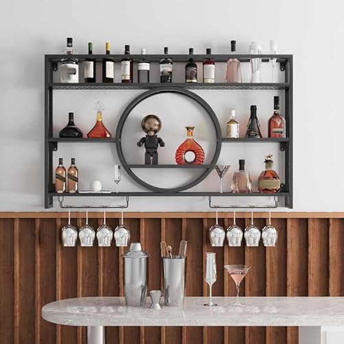 Weinregal Hängend,An Der Wand Montiertes Weinregal Mit Weinglashalter Industriell Weinregale Mit Weinglashalter Flaschenregal Weinregal Palette Eisen Weinregal(Size:120cm,Color:Schwarz) von LIJBDDM