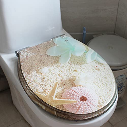 LIJBN Toilettendeckel, langsam schließender Kunstharz-Toilettensitz der Ocean-Serie mit Deckel, strapazierfähiger Toilettendeckel mit 3D-Effekten, echte Muscheln und Sand für U/V/O-Typ von LIJBN