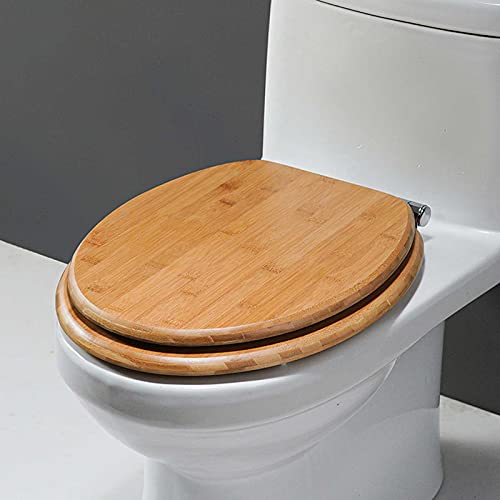 Toilettensitz aus Naturholz, rund, langsam schließender Toilettensitz, einfach zu installieren und leicht zu reinigen, mit hochwertigen Edelstahlscharnieren (dunkel/hell)/K-Bambus von LIJBN