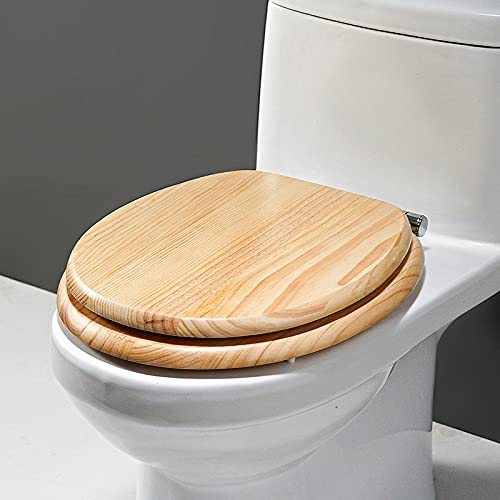 Toilettensitz aus Naturholz, rund, langsam schließender Toilettensitz, einfach zu installieren und leicht zu reinigen, mit hochwertigen Edelstahlscharnieren (dunkel/hell)/hellem Ma von LIJBN