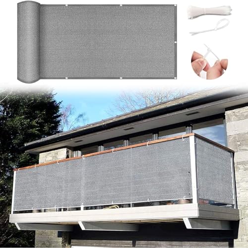Balkonverkleidung Balkonabdeckung 80 x 850 cm Windschutz Sonnenschutz Und Wetterfest Balkonverkleidung Wetterfester mit Kabelbinder für Balkon Terrasse, Grau von LIJIAO