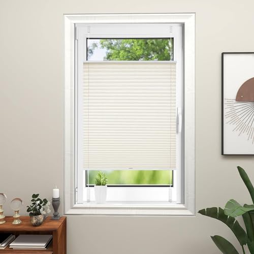 Faltrollo Klemmfix 65 x 110 cm Sichtschutz Und Blickdicht Easyfix Raffrollo, Fenster Plissee 2 Bedienschienen aus Aluminium für Fenster & Tür, Beige von LIJIAO