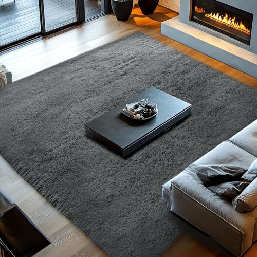 LIJIAO Kuscheliger Kurzflor Teppich 170 x 300 cm Anti-Rutsch Rückseite Einfarbiges Design Waschbar Bereich Teppich für Wohnzimmer, Schlafzimmer, Dunkelgrau von LIJIAO