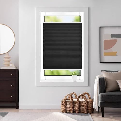 Plissee Klemmfix Ohne Bohren 80 x 110 cm Verdunklungsplissee Lichtundurchlässig Plisseerollo Fensterrollo mit Klemmträger / -fix für Fenster & Tür, Schwarz von LIJIAO