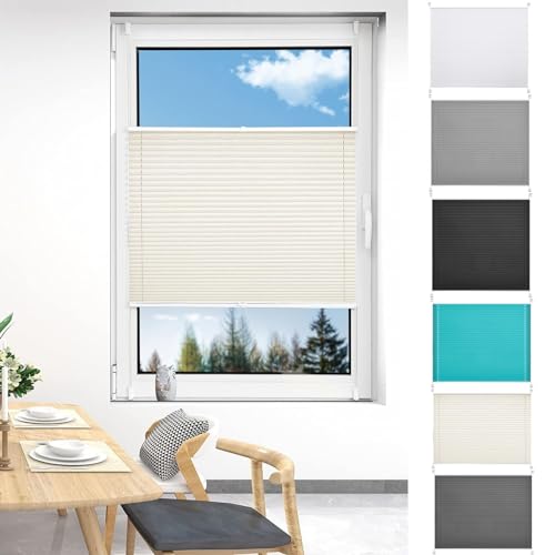 Plissee Nach Maß Ohne Bohren 110 x 110 cm Verdunklungsplissee Lichtundurchlässig Raffrollo, Fenster Plissee 2 Bedienschienen aus Aluminium für Fenster & Tür, Beige von LIJIAO