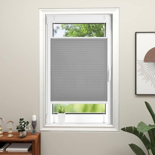 Thermo Plissee Ohne Bohren 60 x 60 cm Blickdicht - Sichtschutz - Sonnenschutz Plissee Faltrollo mit Klemmträger / -fix für Fenster & Tür, Hellgrau von LIJIAO