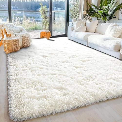 Waschbarer Teppich Wohnzimmer 150 x 75 cm Fellteppich Kunstfell Plüsch Shaggy Weich Fellimitat Shaggy Hochflor Teppich Läufer Flur für Schlafzimmer Büro Bereich Dekor, Weiß von LIJIAO