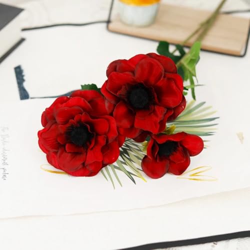 LIJUCAI 3 Köpfe Anemone Künstliche Blume Hochzeitskranz Heimdekoration Gefälschte Blumen Party Garten Zubehör (Rot) von LIJUCAI