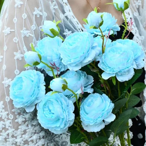 LIJUCAI 65 cm Kunstblumen-Pfingstrosen-Blumenstrauß aus weißer Seide für die Hochzeitsdekoration, Bühnenhintergrund-Arrangement, Kunstblume (blau) von LIJUCAI