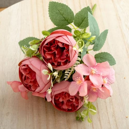 LIJUCAI Wunderschöner weißer Pfingstrosen-Kunstblumenstrauß aus Seide für Zuhause, Party, Herbsthochzeit, Esstischdekoration, Kunstblumen (rote Bohnenpaste) von LIJUCAI