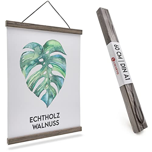 LIKARTO Premium-Posterleiste Holz Walnuss A1 | 60 cm - Hochwertige magnetische Bilderleiste aus Echtholz inklusive Lederband - Einfaches Bilder aufhängen von LIKARTO