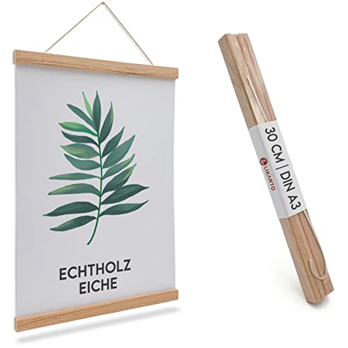 LIKARTO Premium-Posterleiste Holz Eiche A3 | 30 cm - Hochwertige magnetische Bilderleiste aus Echtholz inklusive Lederband - Einfaches Bilder aufhängen von LIKARTO