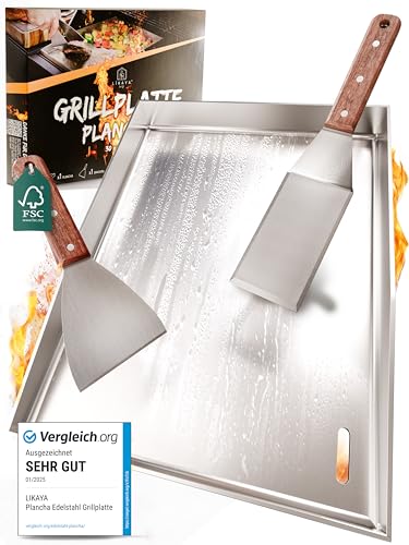 LIKAYA Plancha Grillplatte [30x40cm] – Verzugsfreier 4mm Edelstahl, 2x Grillspachtel mit FSC-Akazienholzgriff – Geschlossene Ecken ohne Auslaufen für Smash Burger & Co! von LIKAYA