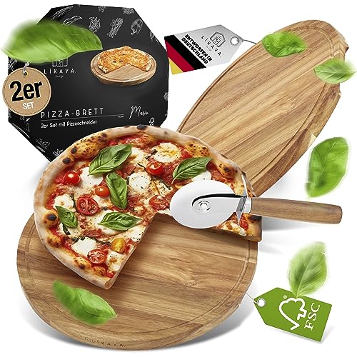 LIKAYA® Pizzabrett/Pizzateller 'MARIO' 2er Set rund mit Pizzaschneider [⌀35cm groß] aus FSC®-zertifiziertem Akazien-Holz für Pizza, Kuchen, Brotzeit, als Käsebrett & vieles mehr! von LIKAYA