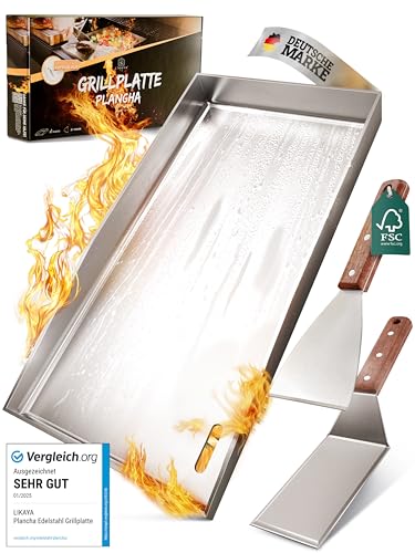 LIKAYA Plancha Edelstahl Grillplatte [20x40cm] – Verzugsfreier 4mm Edelstahl inkl 2x Grillspachtel mit FSC-Akazienholzgriff – Perfekt für Smash Burger, Gemüse & mehr! von LIKAYA