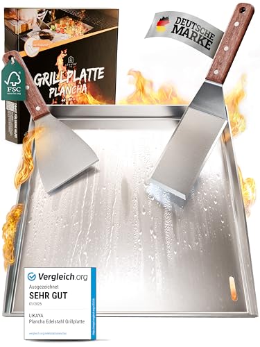 LIKAYA Plancha Edelstahl Grillplatte [40x40cm] – Verzugsfreier 4mm Edelstahl inkl 2x Grillspachtel mit FSC-Akazienholzgriff – Perfekt für Smash Burger, Gemüse & mehr! von LIKAYA