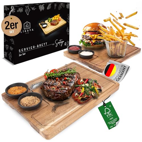 LIKAYA® Servierbrett XXL 2er-Set 'Santiago' – FSC® Akazienholz mit Saucenschüsseln | Perfekt als Grillbrett, Steakbrett & Geschenk für Burger, Steak & Sushi von LIKAYA