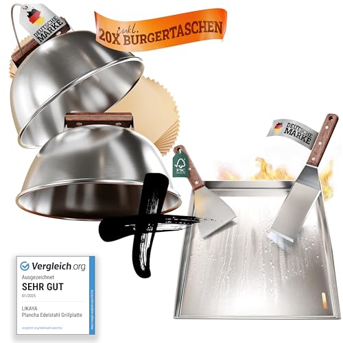 LIKAYA [BUNDLE] Plancha Edelstahl Grillplatte [40x40cm] + Burger Glocken Set – 2x Grillspachtel & 2x Burger Glocken mit FSC-Akazienholzgriff – Perfekte Smash Burger auf Deinem Grill! von LIKAYA