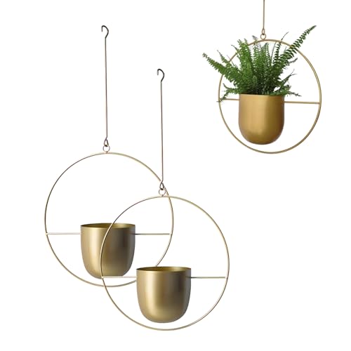 LIKEUDO 2 Stück Gold Metall Decke Hängende Blumentopf Hängende Blumenampel Sukkulenten Pflanzen Hängende Blumentopf Deko Blumentopf Hängende Pflanzgefäße Topf Wanddekoration Blumentopf(Runden) von LIKEUDO