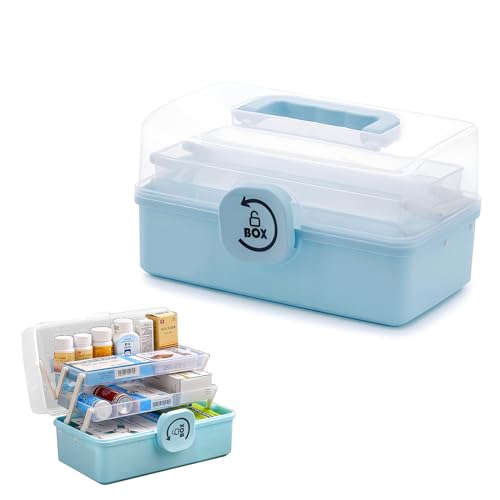 LIKEUDO 3-lagige Medizin-Organizer-Box, Erste-Hilfe-Gesundheit, Notfall-Aufbewahrungsbox, großes Fassungsvermögen, Medikamenten-Aufbewahrungsbehälter mit Deckel (blau) von LIKEUDO