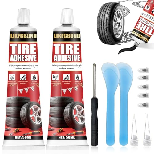 LIKFCBOND Kleber für Autoreifen, Kleber für Reifenreparaturen, Autoreifen Reparaturset, Mit Düse und Schaber, Kleber für Verschiedene Reifentypen Geeignet (2 Stück, 50ML) von LIKFCBOND