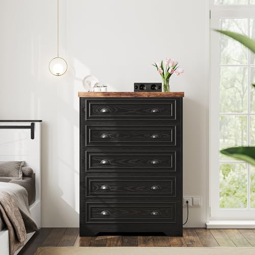 LIKIMIO 109,2 cm hohe Kommode mit 5 Schubladen für Schlafzimmer, Pantoffel, große Holzkommode, Schwarz LIKIMIO 109,2 cm hohe Kommode mit 5 Schubladen für Schlafzimmer, Pantoffel, große Holzkommode, Schwarz von LIKIMIO