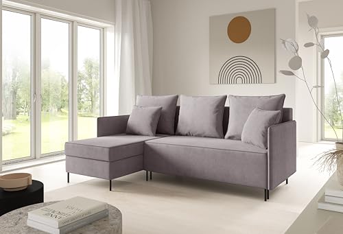 LIKMA Asche Ecksofa ZAVO L-Form 214x142 cm mit Schlaffunktion (202x140 cm) Eckcouch mit 2 Bettkasten und Füßen Wohnlandschaft Bettsofa mit Stauraum Polstermöbel Sofa von LIKMA