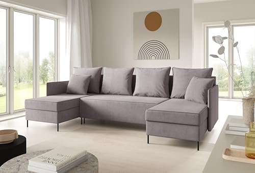 LIKMA Asche Ecksofa ZAVO U-Form 286x142 cm mit Schlaffunktion (274x140 cm) Eckcouch mit 3 Bettkasten und Füßen Wohnlandschaft Bettsofa mit Stauraum Polstermöbel Sofa von LIKMA