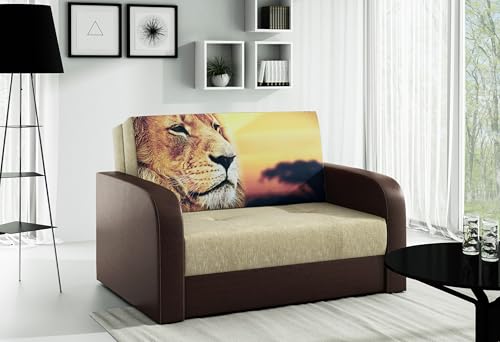 LIKMA Ausziehbar 2 Sitzer Sofa Togo Foto Beige + Braun Kunstleder 135x90x100 cm Schlaffunktion Bettzeugbehälter Kissen Sofa mit Bettfunktion (110x188 cm) Schlafsofa von LIKMA