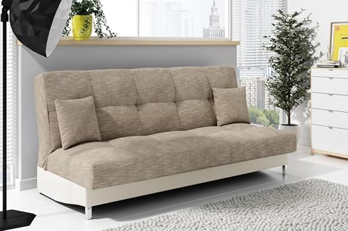 LIKMA Ausziehbar 3 Sitzer Sofa Togo Capuccino + Ecru Kunstleder 195x91x85 cm Schlaffunktion Bettzeugbehälter 2 Kissen Sofa mit Bettfunktion Gesteppte Schlafsofa ohne Armlehnen von LIKMA