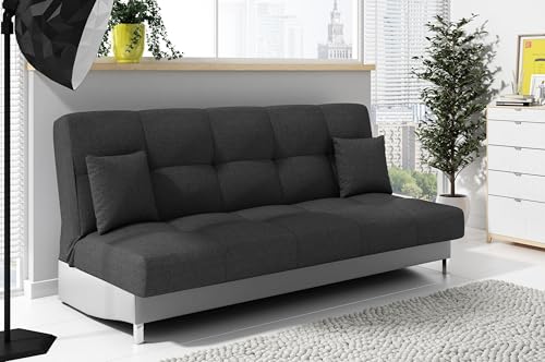 LIKMA Ausziehbar 3 Sitzer Sofa Togo Dunkelgrau + Hellgrau Kunstleder 195x91x85 cm Schlaffunktion Bettzeugbehälter 2 Kissen Sofa mit Bettfunktion Gesteppte Schlafsofa ohne Armlehnen von LIKMA