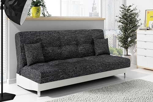LIKMA Ausziehbar 3 Sitzer Sofa Togo Schwarz + Weiss Kunstleder 195x91x85 cm Schlaffunktion Bettzeugbehälter 2 Kissen Sofa mit Bettfunktion Gesteppte Schlafsofa ohne Armlehnen von LIKMA