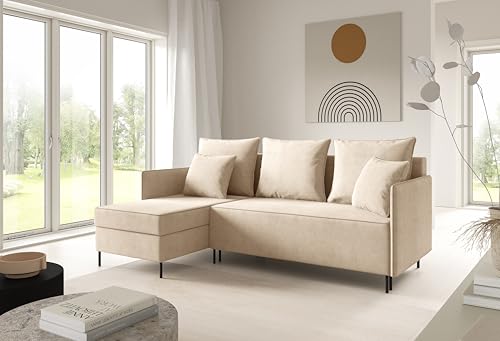 LIKMA Creme Ecksofa ZAVO L-Form 214x142 cm mit Schlaffunktion (202x140 cm) Eckcouch mit 2 Bettkasten und Füßen Wohnlandschaft Bettsofa mit Stauraum Polstermöbel Sofa von LIKMA