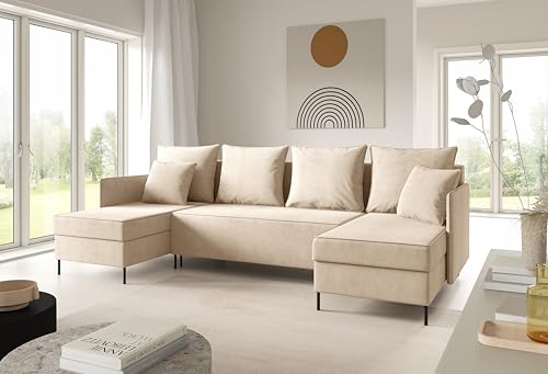 LIKMA Creme Ecksofa ZAVO U-Form 286x142 cm mit Schlaffunktion (274x140 cm) Eckcouch mit 3 Bettkasten und Füßen Wohnlandschaft Bettsofa mit Stauraum Polstermöbel Sofa von LIKMA