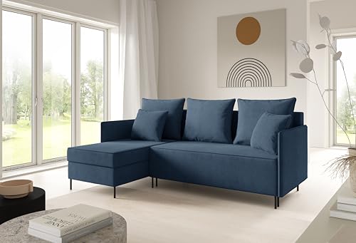 LIKMA Dunkelblau Ecksofa ZAVO L-Form 214x142 cm mit Schlaffunktion (202x140 cm) Eckcouch mit 2 Bettkasten und Füßen Wohnlandschaft Bettsofa mit Stauraum Polstermöbel Sofa von LIKMA
