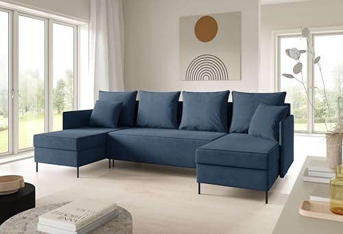 LIKMA Dunkelblau Ecksofa ZAVO U-Form 286x142 cm mit Schlaffunktion (274x140 cm) Eckcouch mit 3 Bettkasten und Füßen Wohnlandschaft Bettsofa mit Stauraum Polstermöbel Sofa von LIKMA