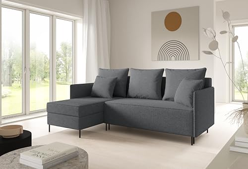 LIKMA Dunkelgrau Ecksofa ZAVO L-Form 214x142 cm mit Schlaffunktion (202x140 cm) Eckcouch mit 2 Bettkasten und Füßen Wohnlandschaft Bettsofa mit Stauraum Polstermöbel Sofa von LIKMA