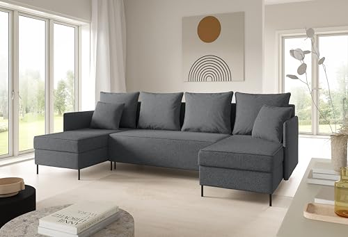 LIKMA Dunkelgrau Ecksofa ZAVO U-Form 286x142 cm mit Schlaffunktion (274x140 cm) Eckcouch mit 3 Bettkasten und Füßen Wohnlandschaft Bettsofa mit Stauraum Polstermöbel Sofa von LIKMA