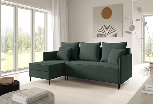 LIKMA Dunkelgrün Ecksofa ZAVO L-Form 214x142 cm mit Schlaffunktion (202x140 cm) Eckcouch mit 2 Bettkasten und Füßen Wohnlandschaft Bettsofa mit Stauraum Polstermöbel Sofa von LIKMA