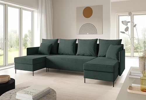 LIKMA Dunkelgrün Ecksofa ZAVO U-Form 286x142 cm mit Schlaffunktion (274x140 cm) Eckcouch mit 3 Bettkasten und Füßen Wohnlandschaft Bettsofa mit Stauraum Polstermöbel Sofa von LIKMA