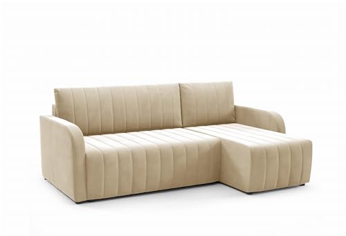 LIKMA Ecksofa Otto L-Form 224 cm Beige Moderne Sofas & Couches - Velvet Sofa mit Schlaffunktion - Schlafsofa mit Bettkasten - Wohnlandschaft mit Bettzeugbehälter, Stoff: Jasmine 22 von LIKMA