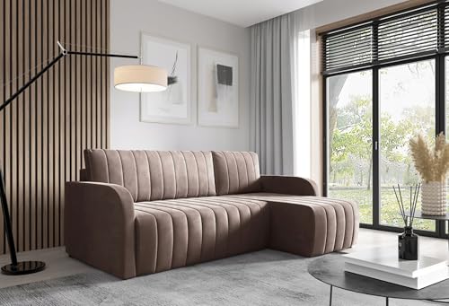 LIKMA Ecksofa Otto L-Form 224 cm Braun Moderne Sofas & Couches - Velvet Sofa mit Schlaffunktion - Schlafsofa mit Bettkasten - Wohnlandschaft mit Bettzeugbehälter, Stoff: Jasmine 28 von LIKMA