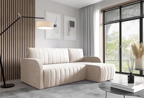 LIKMA Ecksofa Otto L-Form 224 cm Creme Moderne Sofas & Couches - Velvet Sofa mit Schlaffunktion - Schlafsofa mit Bettkasten - Wohnlandschaft mit Bettzeugbehälter, Stoff: Jasmine 21 von LIKMA