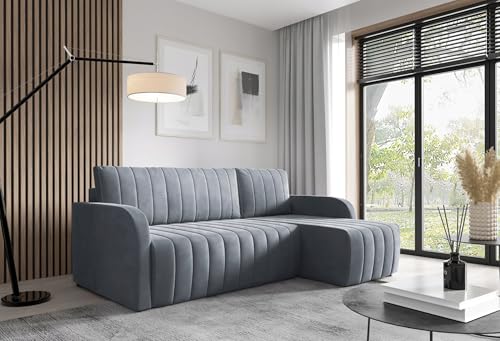 LIKMA Ecksofa Otto L-Form 224 cm Dunkelgrau Moderne Sofas & Couches - Velvet Sofa mit Schlaffunktion - Schlafsofa mit Bettkasten - Wohnlandschaft mit Bettzeugbehälter, Stoff: Jasmine 96 von LIKMA