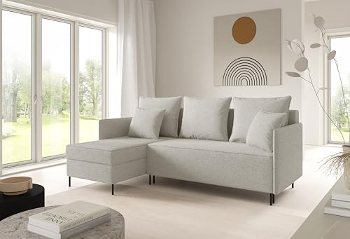 LIKMA Ekrü Ecksofa ZAVO L-Form 214x142 cm mit Schlaffunktion (202x140 cm) Eckcouch mit 2 Bettkasten und Füßen Wohnlandschaft Bettsofa mit Stauraum Polstermöbel Sofa von LIKMA