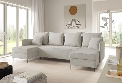 LIKMA Ekrü Ecksofa ZAVO U-Form 286x142 cm mit Schlaffunktion (274x140 cm) Eckcouch mit 3 Bettkasten und Füßen Wohnlandschaft Bettsofa mit Stauraum Polstermöbel Sofa von LIKMA