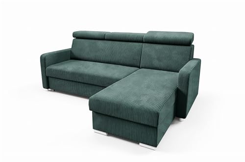 LIKMA Flaschengrün Ecksofa Mako mit Schlaffunktion und Bettkasten, 213 cm x 100 x 165 cm, Sofa L-Form, Schlafsofa, Verstellbare Kopfstützen, Wohnlandschaft, Schlafcouch Stoff: Anafi 09 von LIKMA