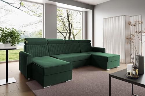 LIKMA Flaschengrün Ecksofa Neli U-Form 274x162 cm mit Schlaffunktion (254x125 cm) Eckcouch mit Bettkasten und Verstellbare Kopfstützen Wohnlandschaft Bettsofa mit 2X Stauraum Polstermöbel Sofa von LIKMA