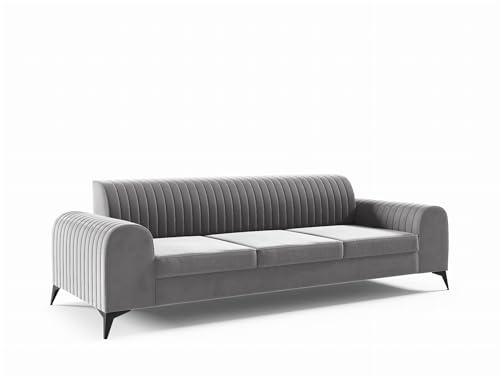 LIKMA Grau 3 Sitzer Samt Sofa ELSA 234x77x93 cm 3-er Couchgarnitur Hydrophobe Beschichtung Velvet Moderne Wohnzimmer Couch Velours Glamour Design Stoff Fresh 14 von LIKMA