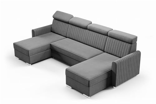 LIKMA Grau Ecksofa Neli mit Schlaffunktion und Bettkasten 274 x 91 x 162 cm, Sofa U-Form, Schlafsofa, Verstellbare Kopfstützen, Wohnlandschaft, Schlafcouch, Moderne Sofas & Couches Stoff: Cloud 91 von LIKMA